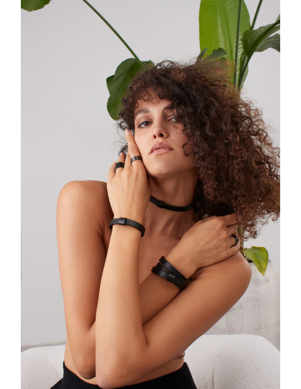 Black leather bracelet with matte black stainless steel accent