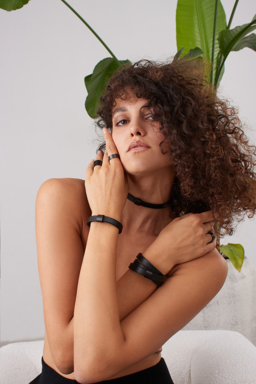 Black leather bracelet with matte black stainless steel accent