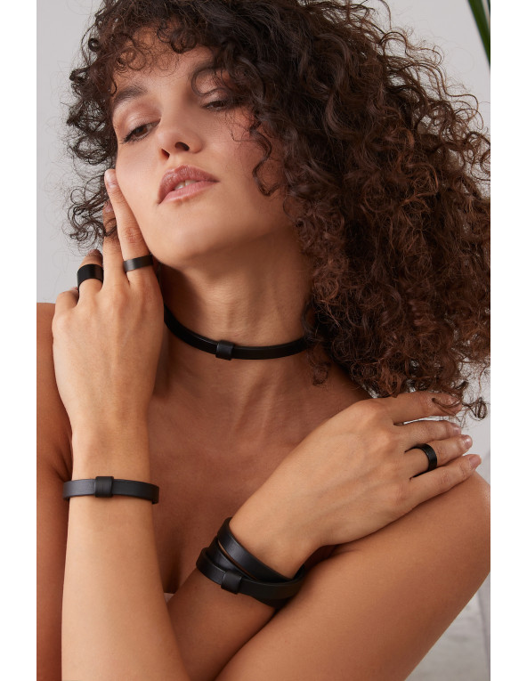 Black leather bracelet with matte black stainless steel accent