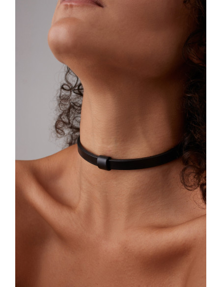 Black leather choker with matte stainless steel accent