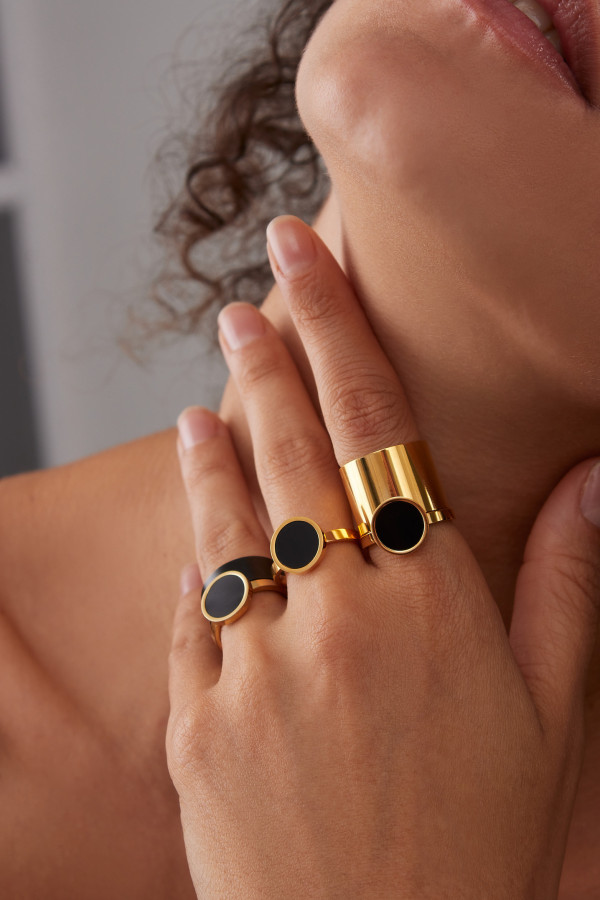 Gold-plated stainless steel ring with black stone 2
