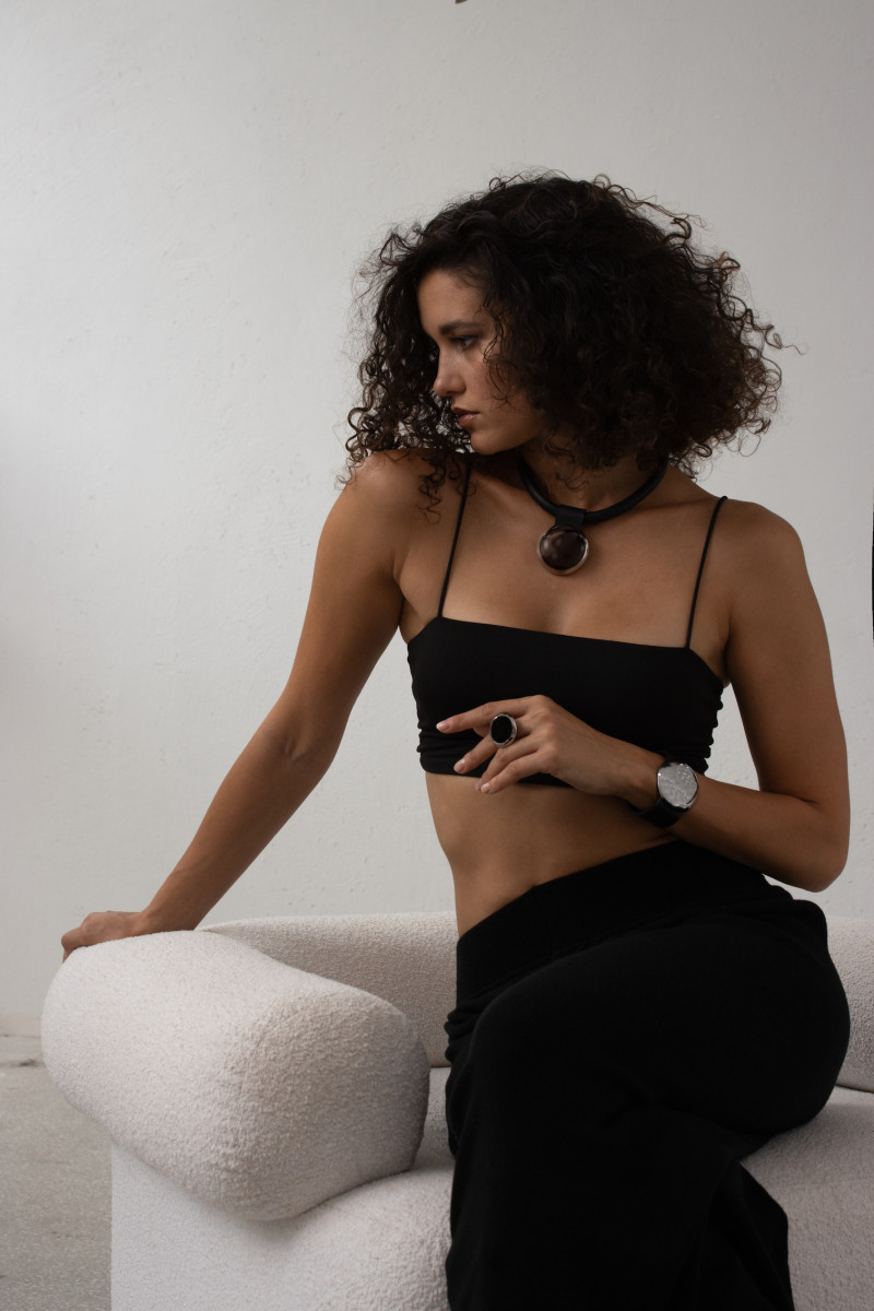 Black leather choker with matte stainless steel sphere and silver magnetic clasp