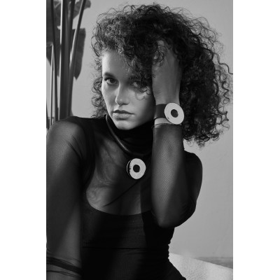 Black leather choker with matte stainless steel circle pendant and magnetic clasp 2