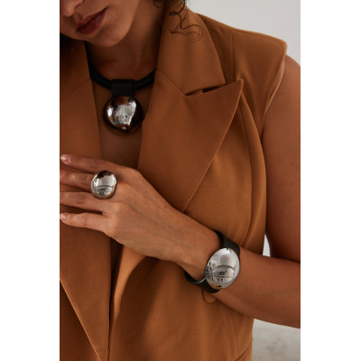 Leather bracelet with a large shiny stainless steel sphere and magnetic clasp – modern, handmade 2