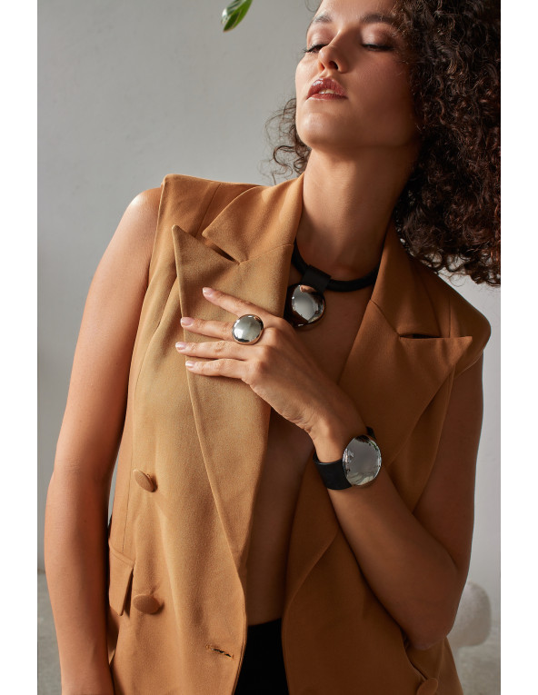 Leather bracelet with a large shiny stainless steel sphere and magnetic clasp – modern, handmade