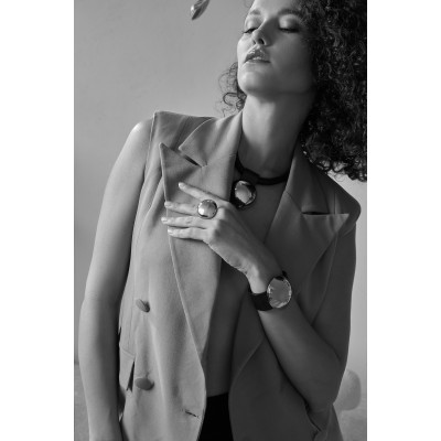 Black leather bracelet with wide matte steel sphere and minimalist design 2