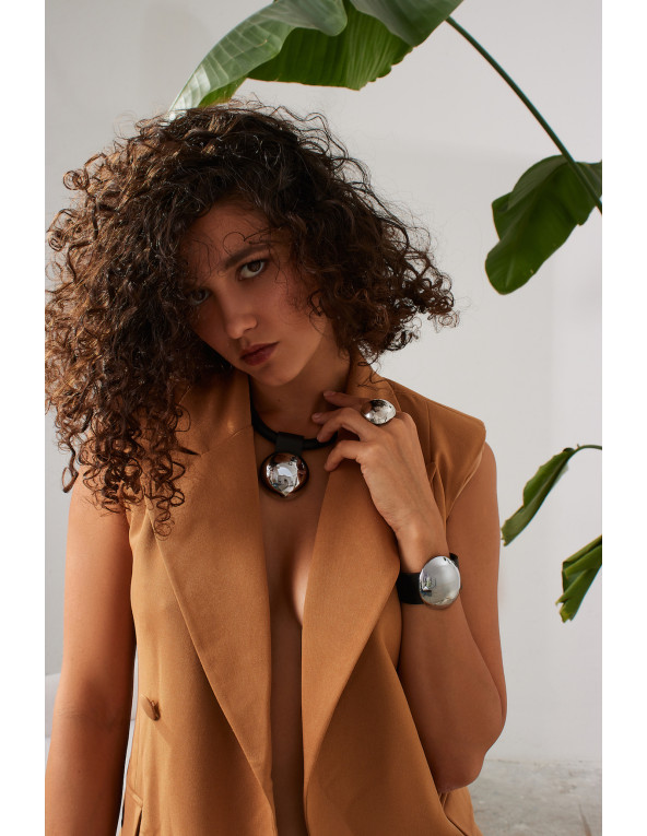 Minimalist stainless steel ring in a geometric half-sphere design with polished silver finish