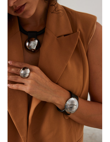 Minimalist stainless steel ring in a geometric half-sphere design with polished silver finish