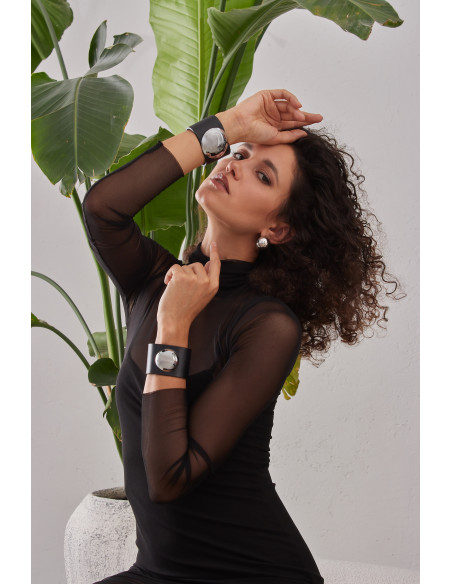 Wide black leather bracelet with polished stainless steel dome