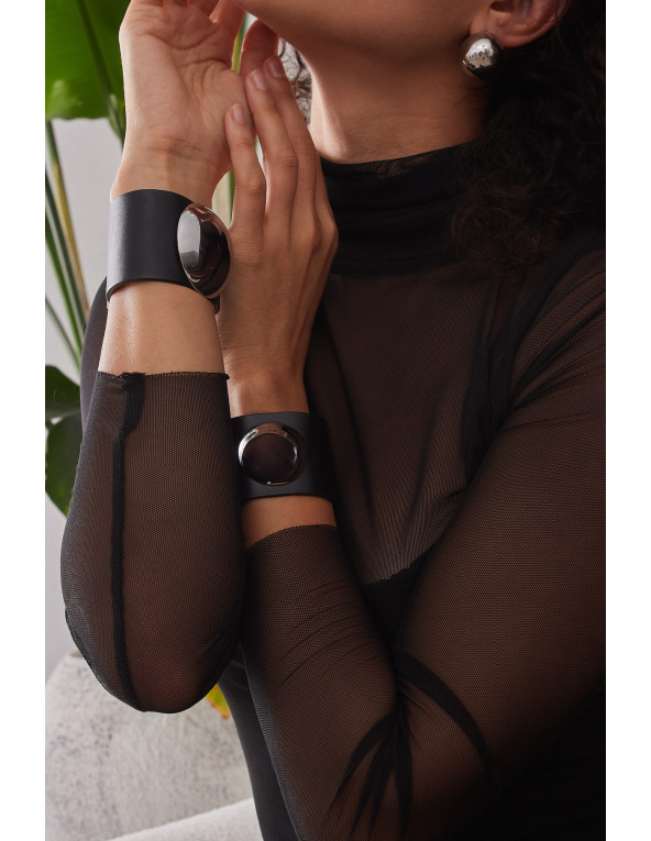 Wide black leather bracelet with polished stainless steel dome