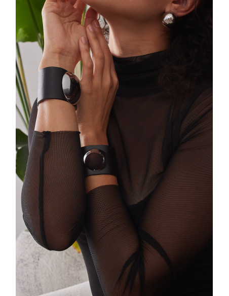 Wide black leather bracelet with polished stainless steel dome