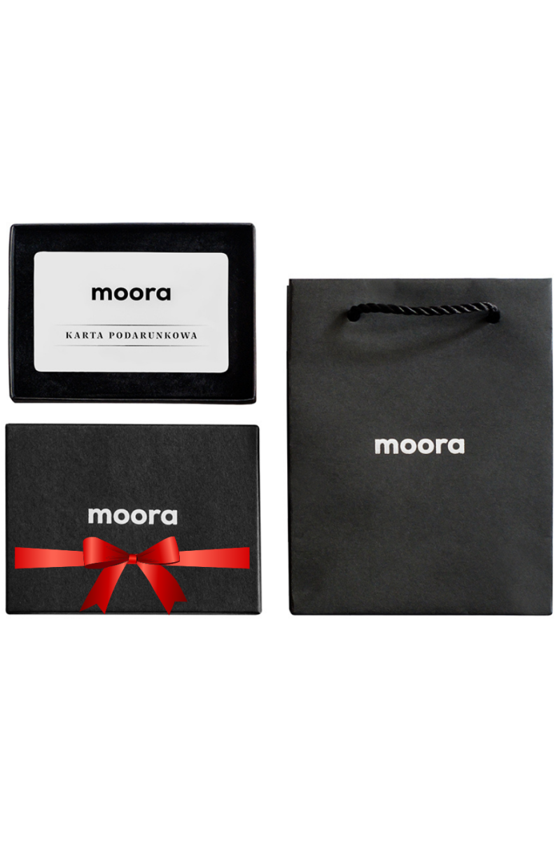 Moora Gift Card in elegant packaging available in 100, 200, and 500 PLN denominations.