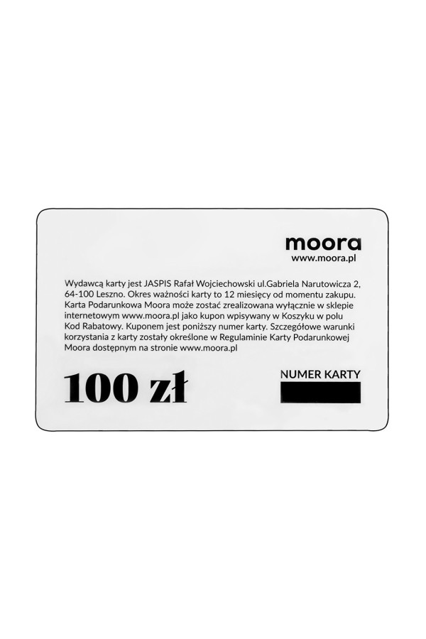 Moora Gift Card in elegant packaging available in 100, 200, and 500 PLN denominations. 2