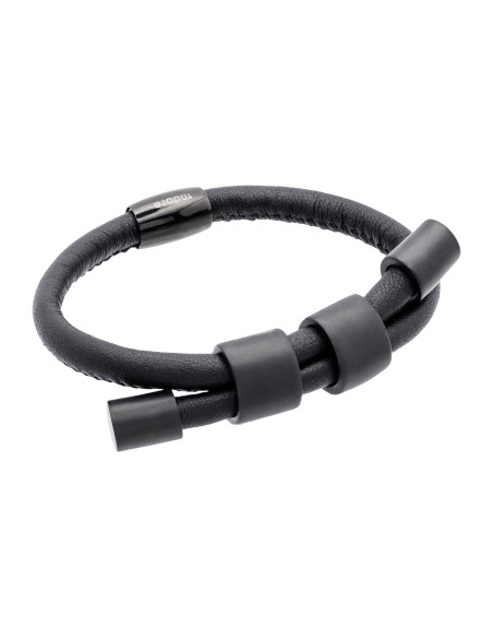 Adjustable necklace and bracelet set made of natural leather and matte black stainless steel.