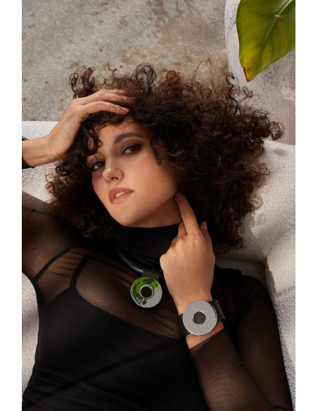 Black leather choker with shiny stainless steel circle pendant and silver magnetic clasp