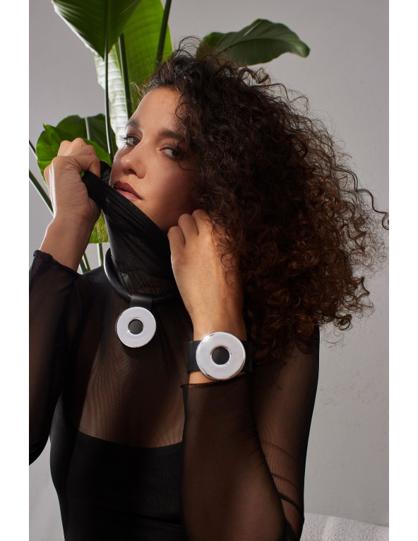 Black leather choker with shiny stainless steel circle pendant and silver magnetic clasp