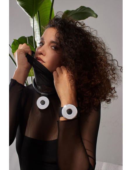 Black leather choker with shiny stainless steel circle pendant and silver magnetic clasp