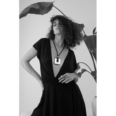 Leather necklace with gold-plated square pendant by Moora. 2