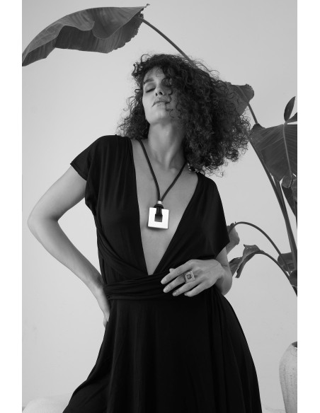 Leather necklace with gold-plated square pendant by Moora.