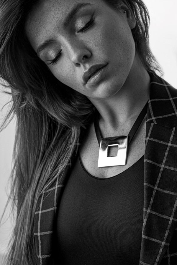 Leather necklace with glossy gold square stainless steel pendant by Moora. 2