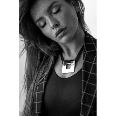 Leather necklace with glossy gold square stainless steel pendant by Moora. 2