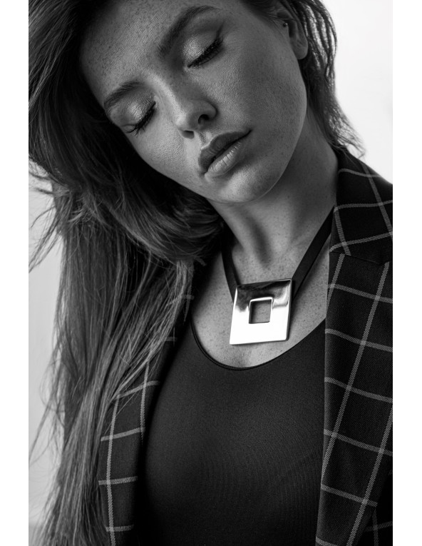 Leather necklace with glossy gold square stainless steel pendant by Moora.