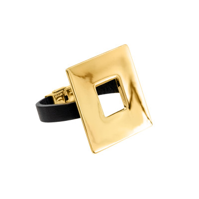 Black leather bracelet with large shiny square in gold finish