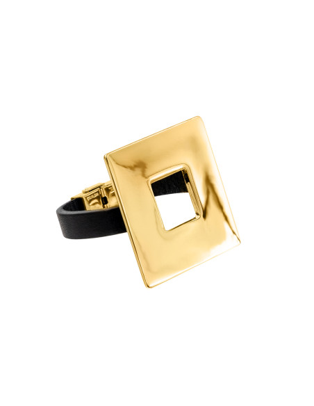 Black leather bracelet with large shiny square in gold finish