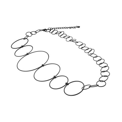 Long matte black stainless steel necklace made of interconnected circles in various sizes.