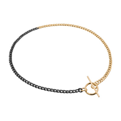 Delicate stainless steel necklace in gold and matte black with a decorative clasp.
