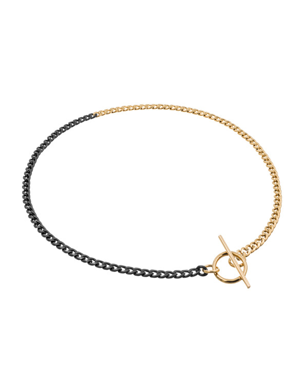 Delicate stainless steel necklace in gold and matte black with a decorative clasp.