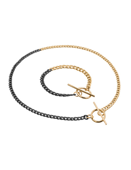 Delicate stainless steel necklace in gold and matte black with a decorative clasp.