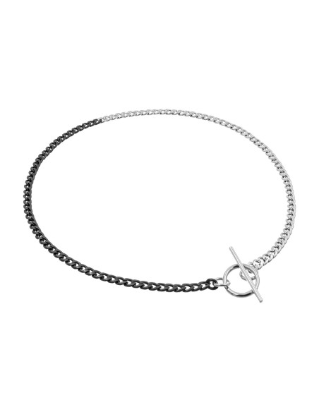 Delicate stainless steel necklace in steel and matte black shades with a decorative clasp.