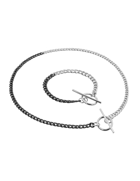 Delicate stainless steel necklace in steel and matte black shades with a decorative clasp.