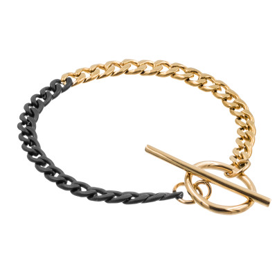 Stainless steel curb chain bracelet in gold and matte black shades with 4 mm width.