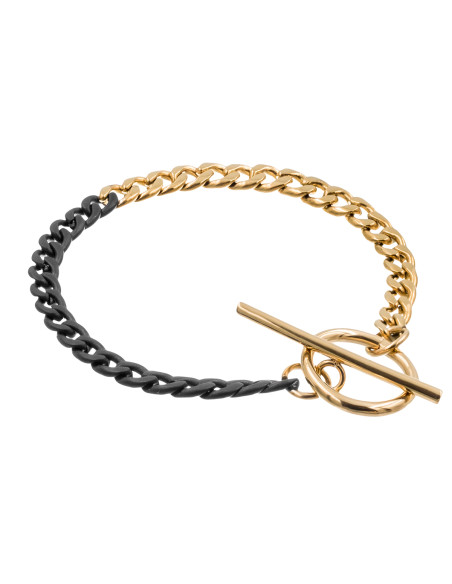 Stainless steel curb chain bracelet in gold and matte black shades with 4 mm width.