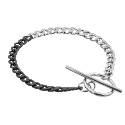 Stainless steel curb chain bracelet in silver and matte black shades with 4 mm width.