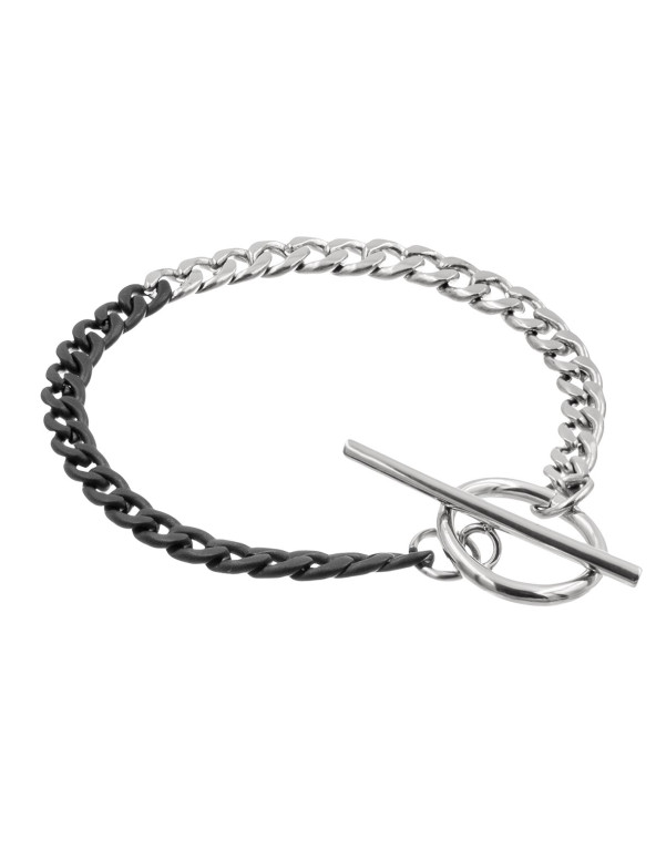 Stainless steel curb chain bracelet in silver and matte black shades with 4 mm width.