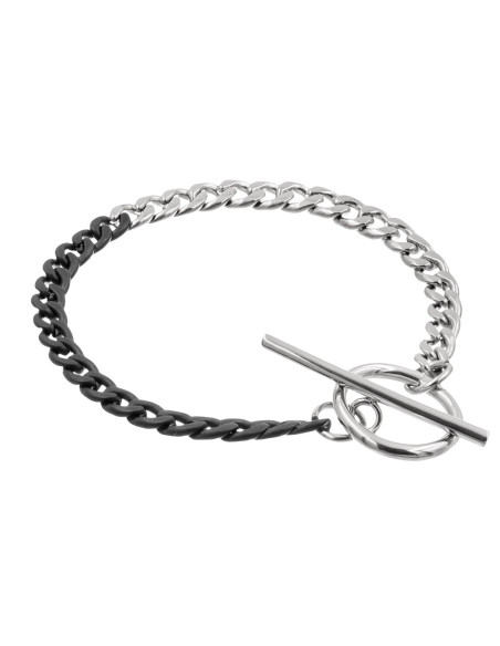 Stainless steel curb chain bracelet in silver and matte black shades with 4 mm width.