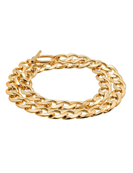 Double wrap gold-plated stainless steel curb chain bracelet with 8 mm width.