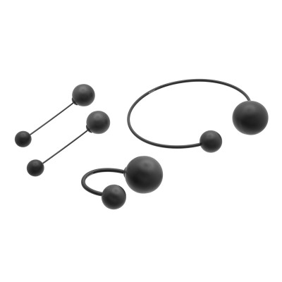 Matte black stainless steel jewelry set with spheres – ring, bracelet, and earrings.