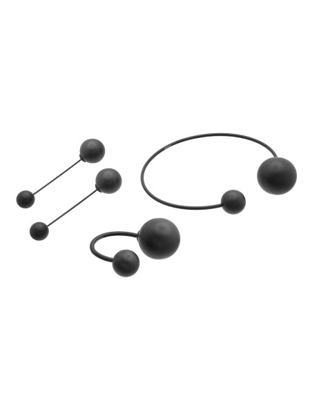 Matte black stainless steel jewelry set with spheres – ring, bracelet, and earrings.