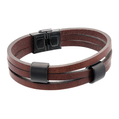 Men's brown leather bracelet with matte black elements