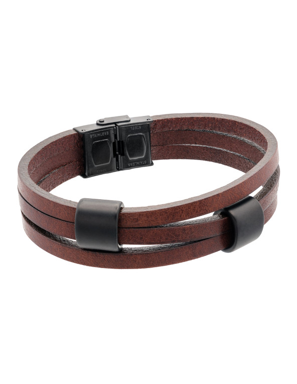 Men's brown leather bracelet with matte black elements
