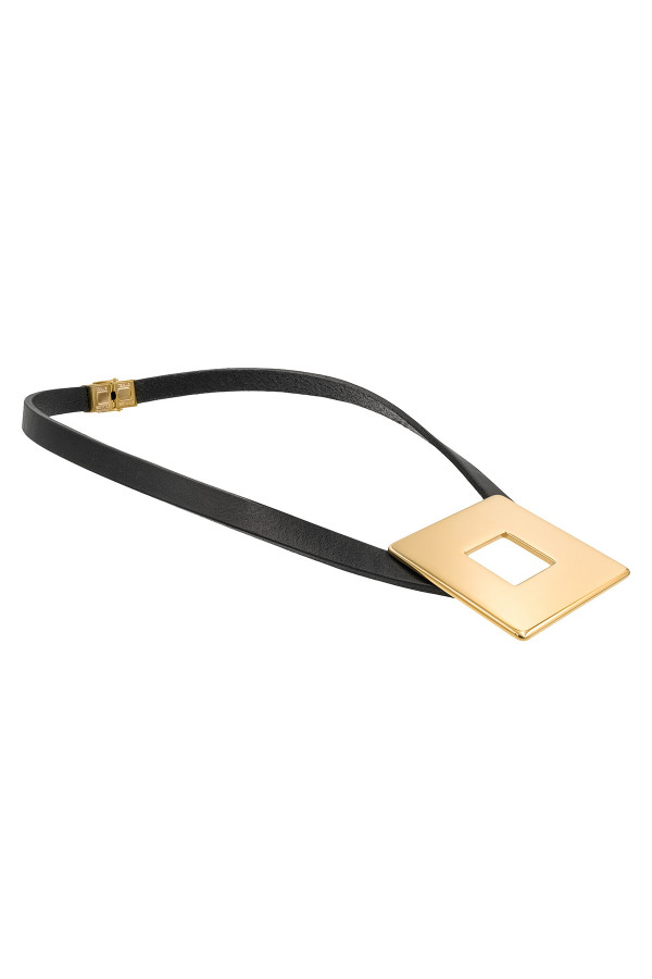Leather necklace with glossy gold square stainless steel pendant by Moora.