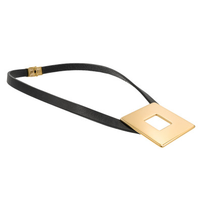 Leather necklace with glossy gold square stainless steel pendant by Moora.