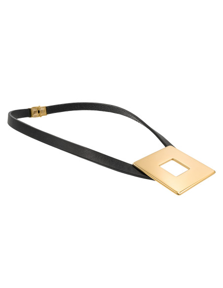 Leather necklace with glossy gold square stainless steel pendant by Moora.
