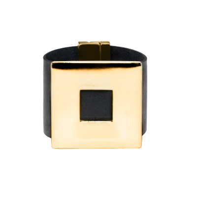 Black wide women's leather bracelet with a gold-plated square accent and magnetic clasp