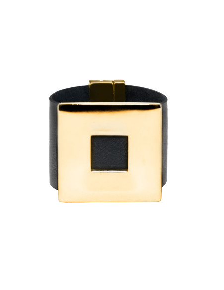 Black wide women's leather bracelet with a gold-plated square accent and magnetic clasp