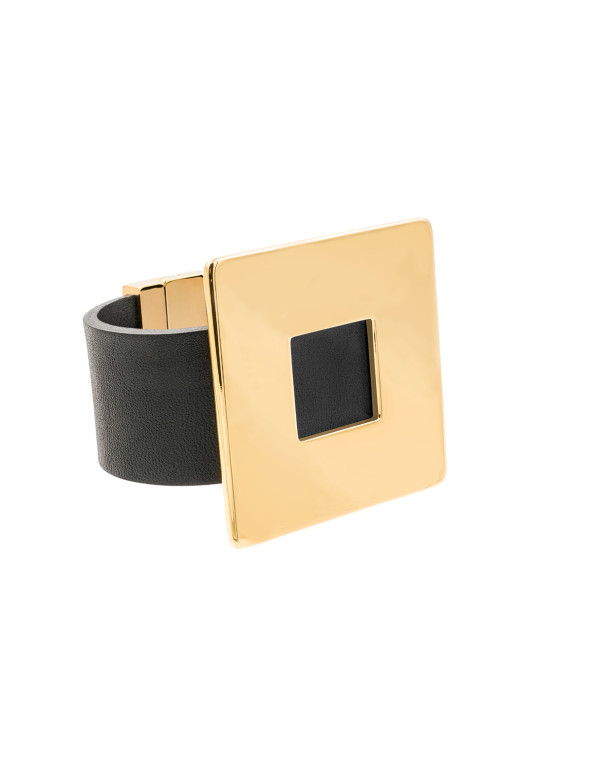 Black women's leather bracelet with a gold-plated square accent and a magnetic gold clasp